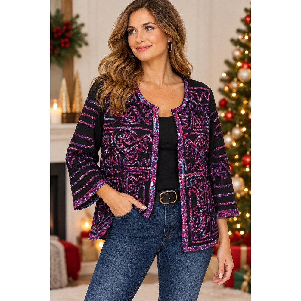 Choices Jacket Women XL Art to Wear Boho Soutache Embroidered Black Open Front